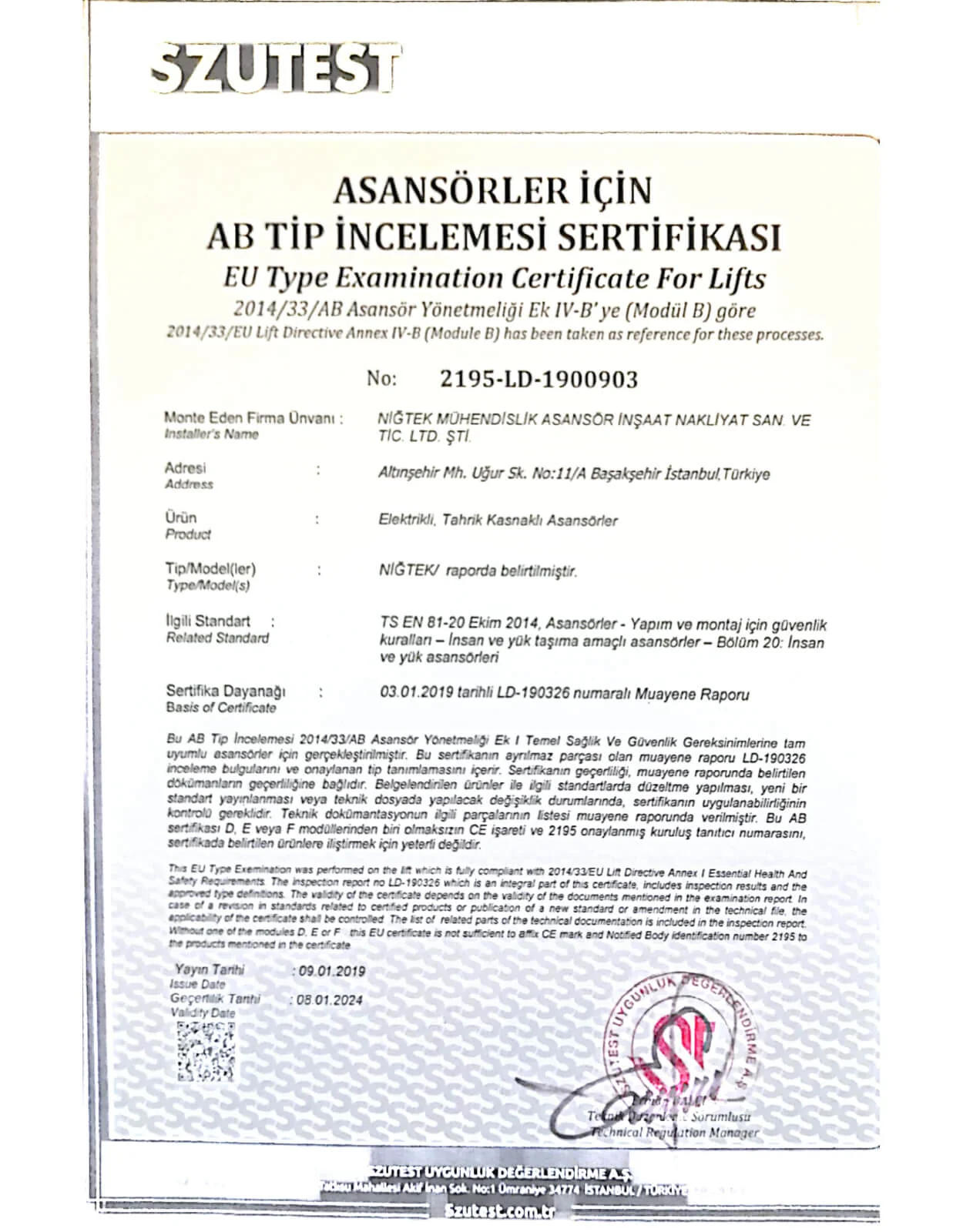 Asansorlerin AB Tip İncelemesi Sertifikası