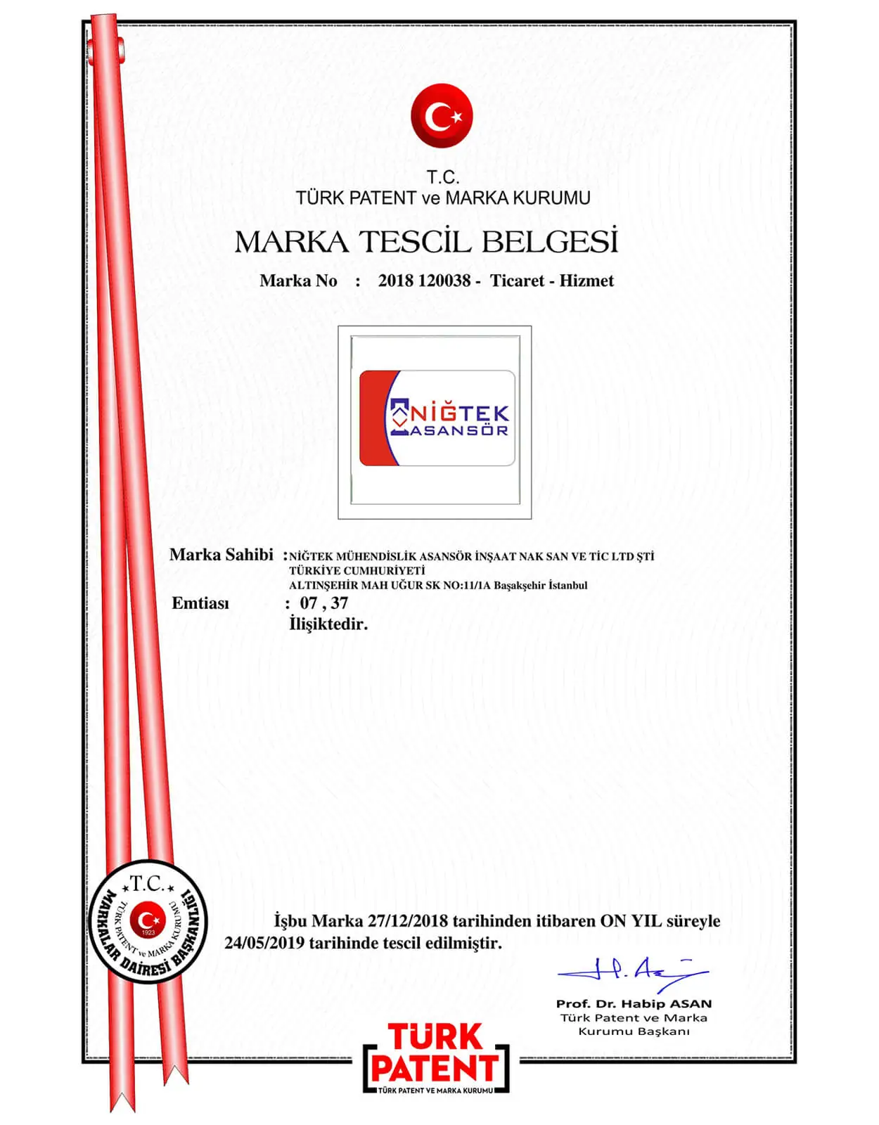 Niğtek Asansör Marka Patent Belgesi
